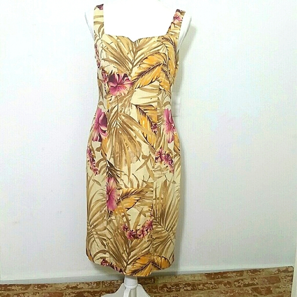 Sundress Palm Leaf Print Floral Midi Lined beige yellow pink red halter top
